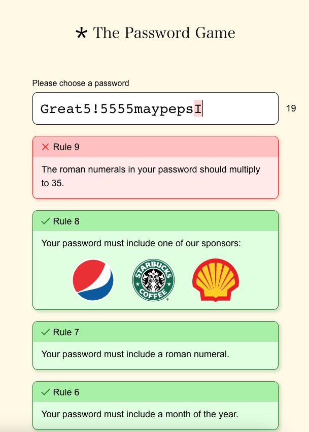 the password game, showing some answers and questions